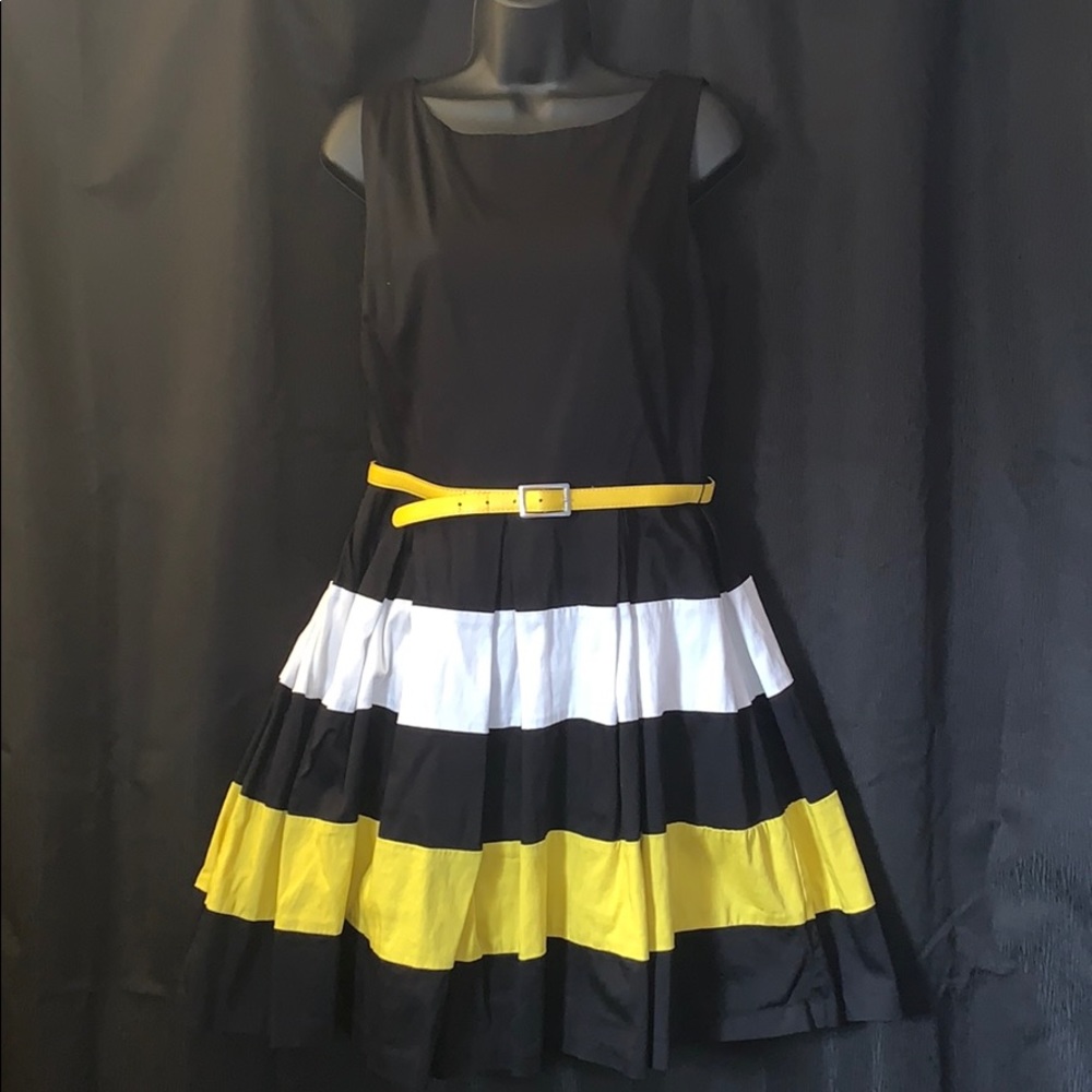 Black and white dress with yellow belt